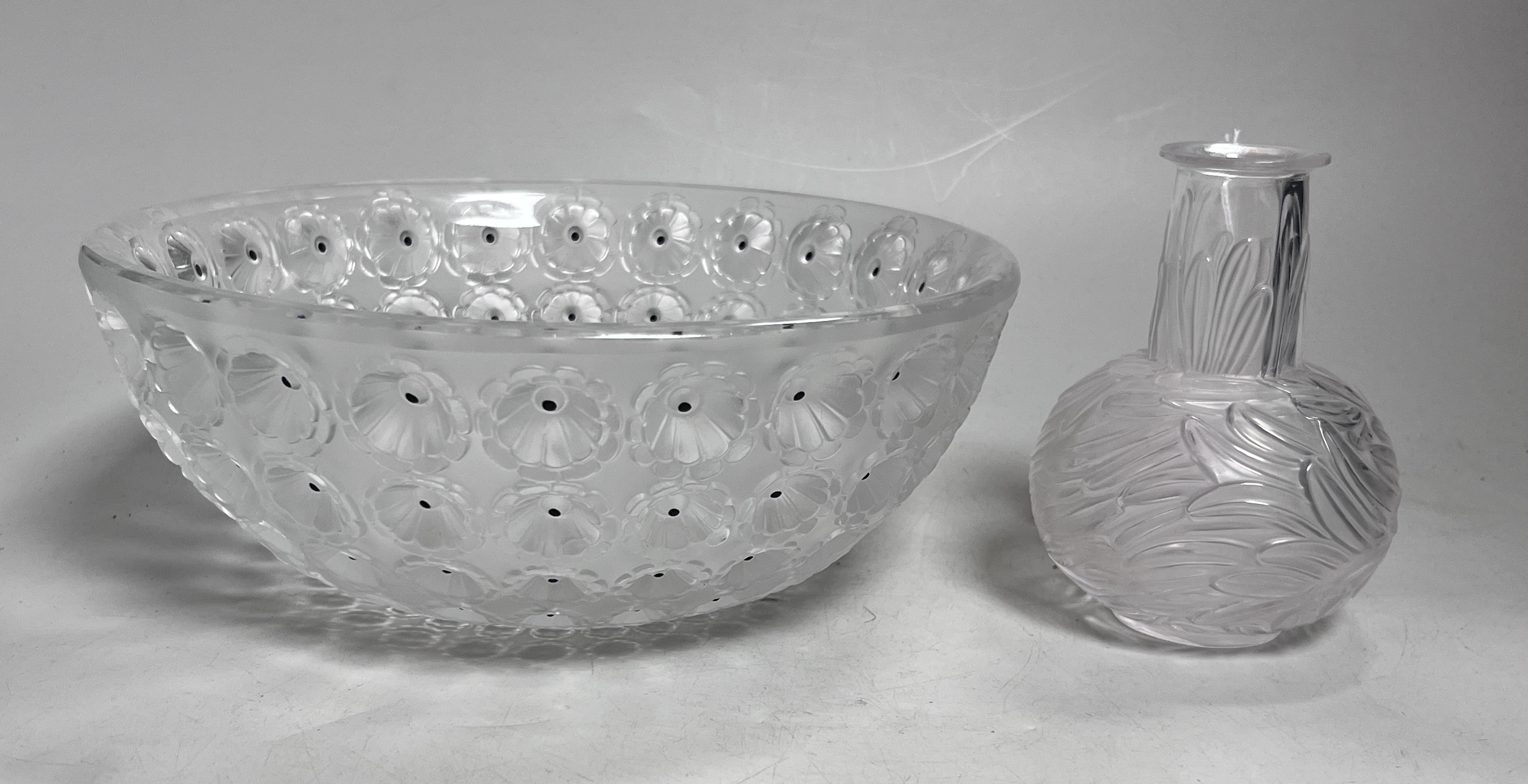 A Lalique 'Nemours' bowl, 25cm diameter and a Lalique vase, 13cm high (2)
